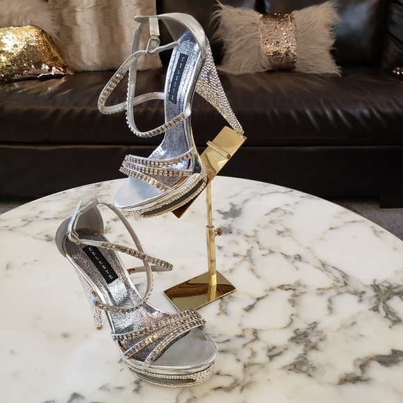 Silver, crystals, and rhinestones platform high heel sandal size 8.5 - Picture 1 of 6